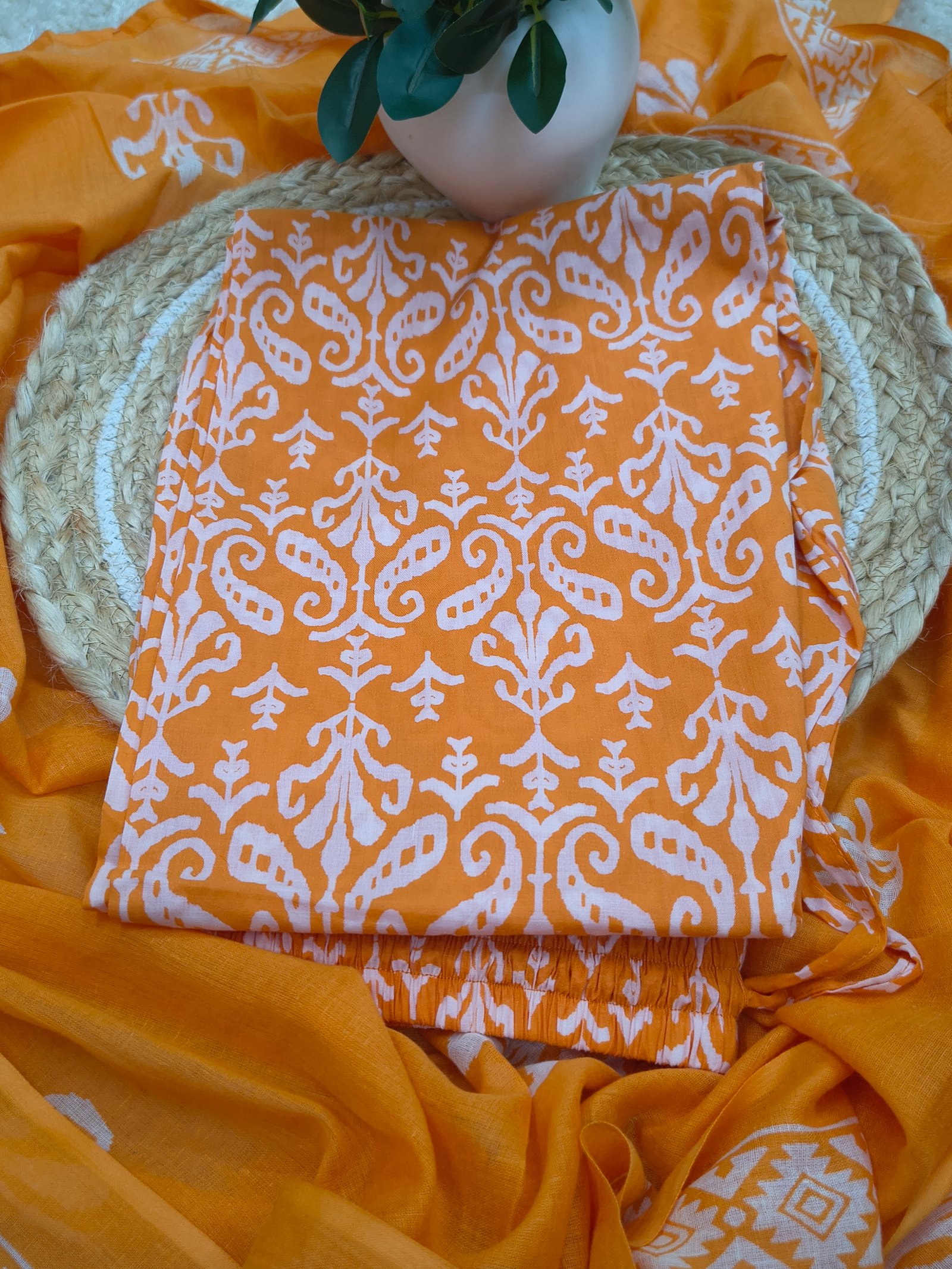 Orange & White Printed Women Kurta Set