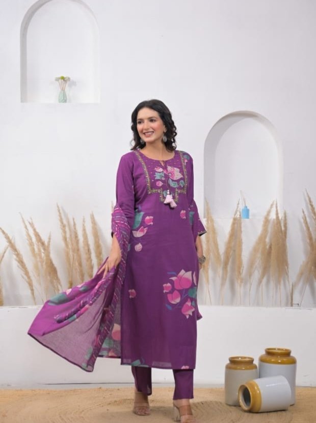 Purple Cotton Women Kurta Set