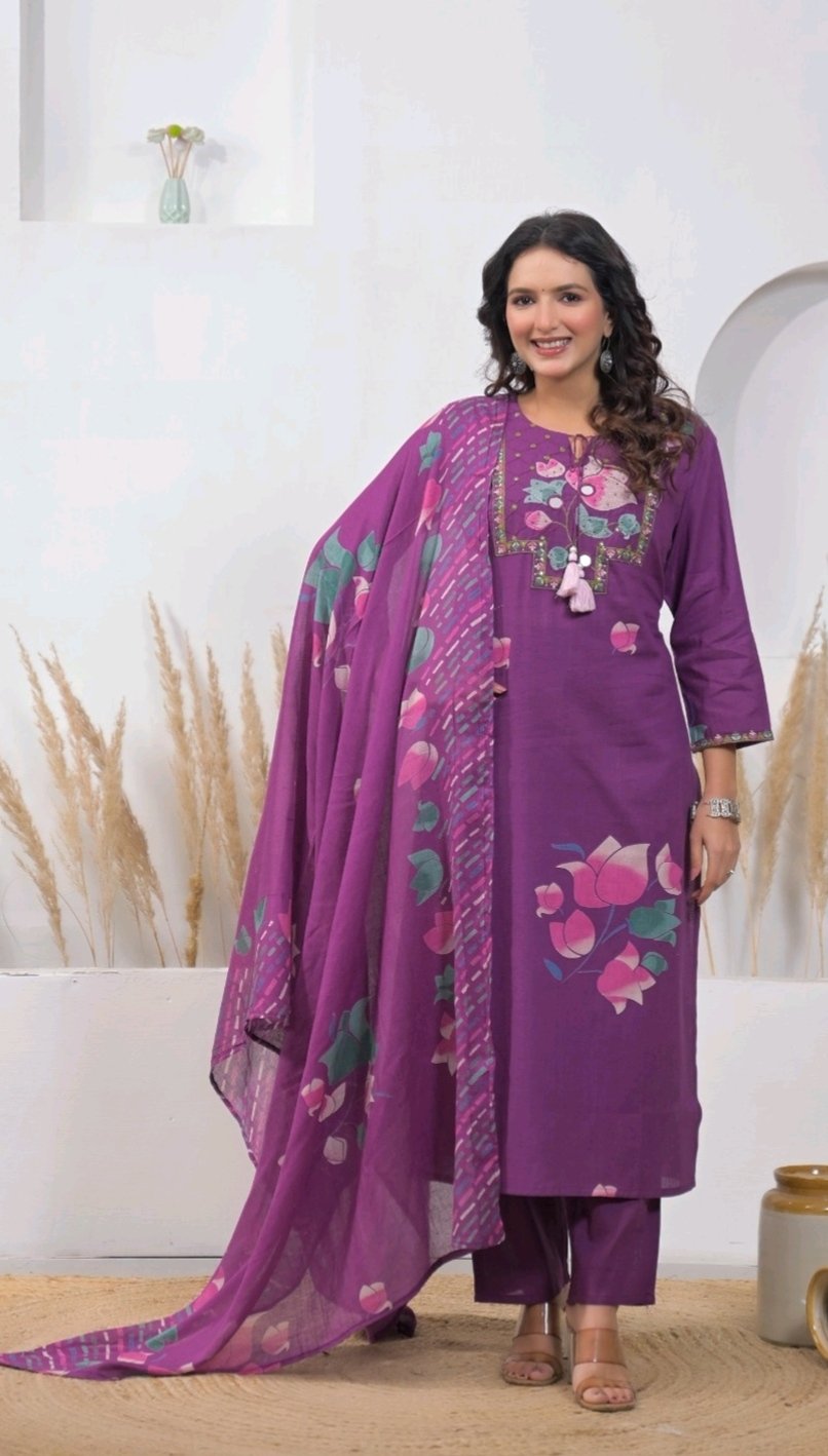 Purple Cotton Women Kurta Set