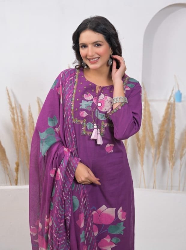 Purple Cotton Women Kurta Set
