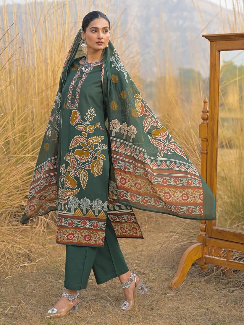 Green Cotton Floral Kurta Set