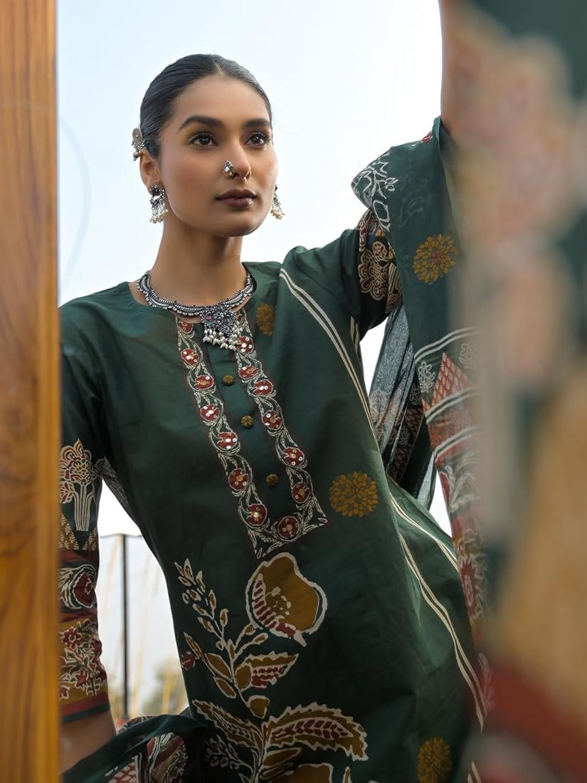 Green Cotton Floral Kurta Set
