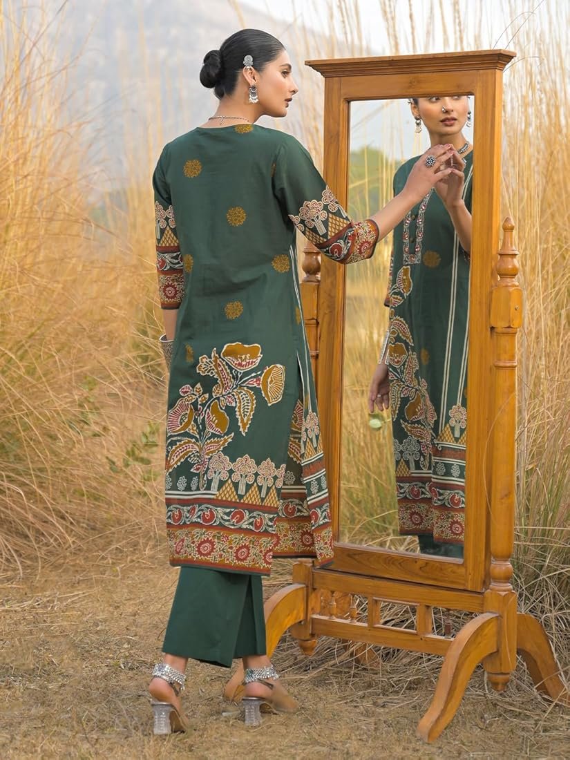 Green Cotton Floral Kurta Set