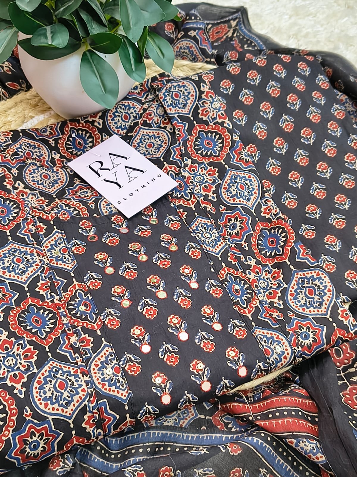 Black Cotton Ajarak Kurta Set