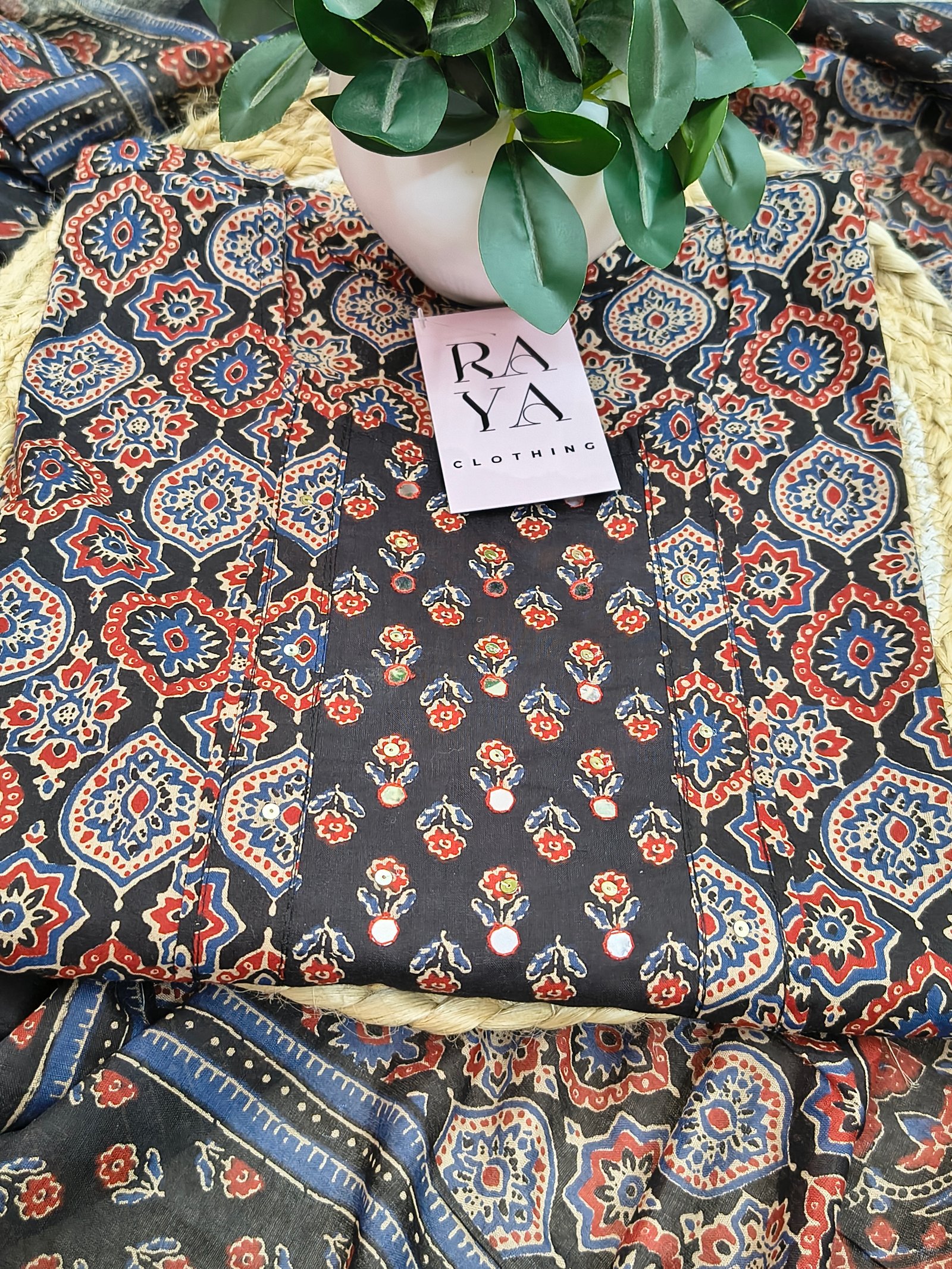 Black Cotton Ajarak Kurta Set