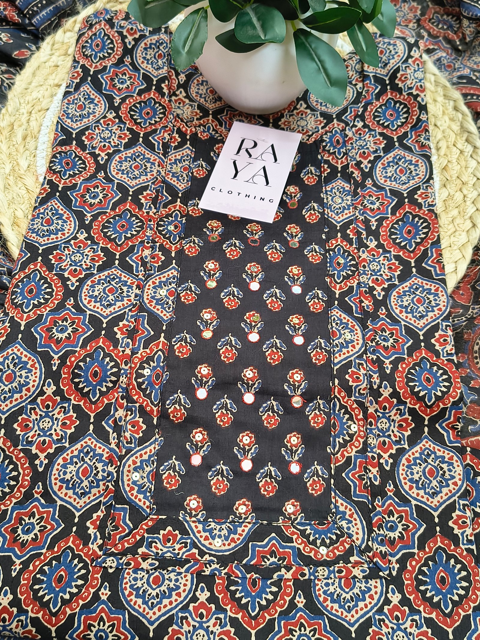 Black Cotton Ajarak Kurta Set