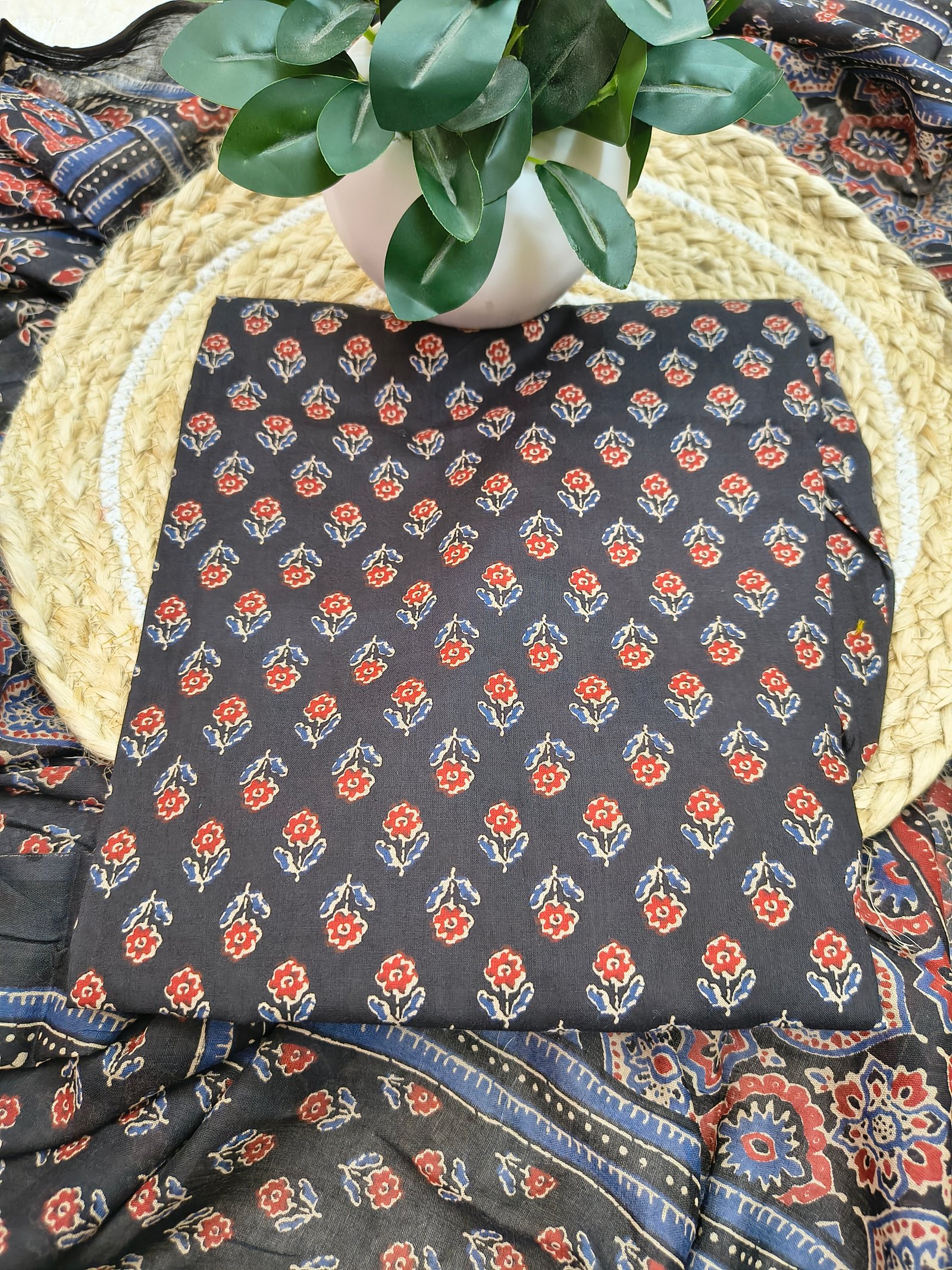 Black Cotton Ajarak Kurta Set