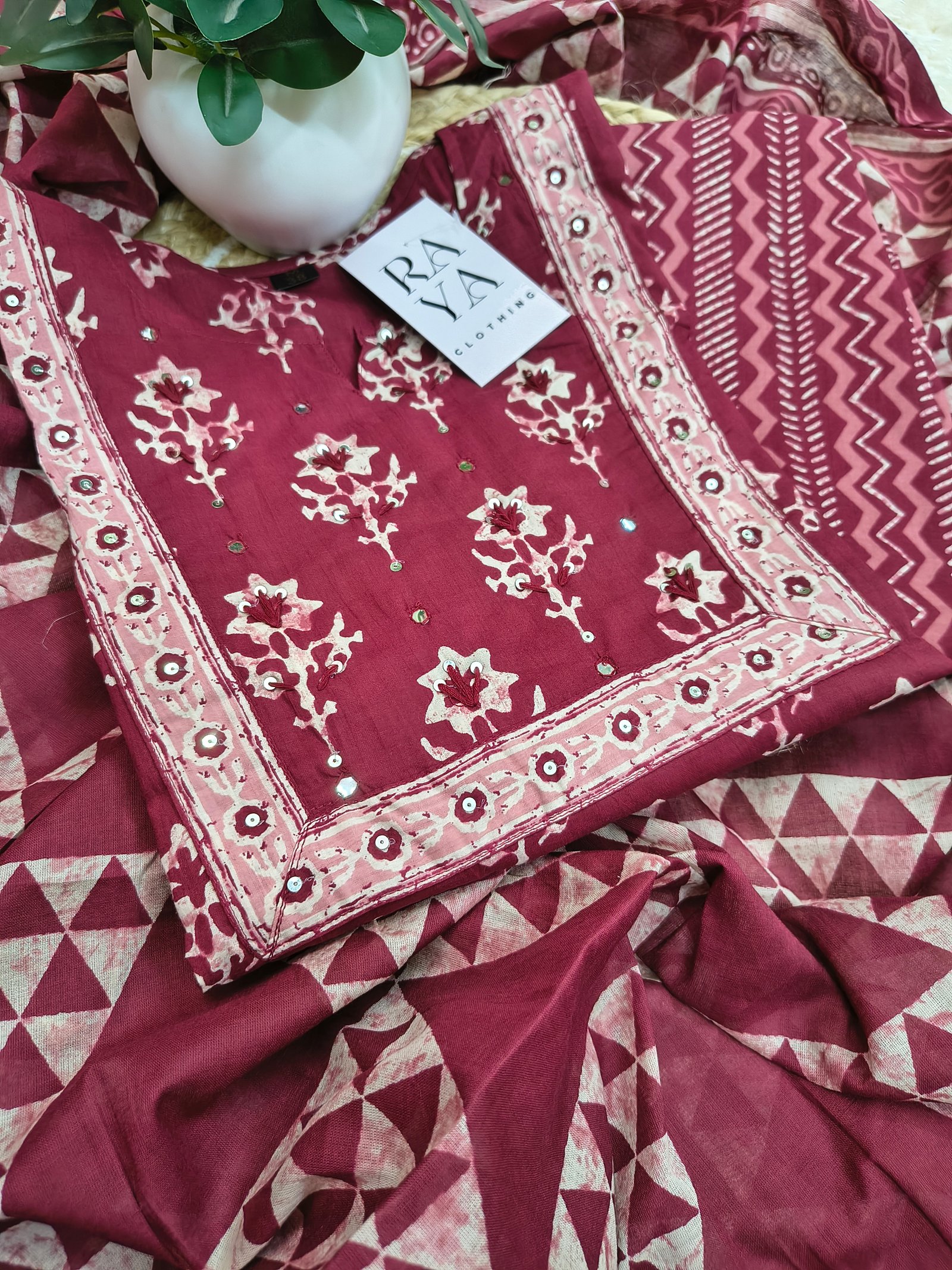 Printed Maroon Cotton Kurta Set