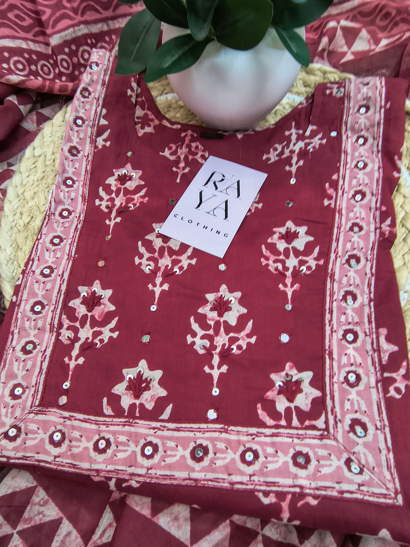 Printed Maroon Cotton Kurta Set