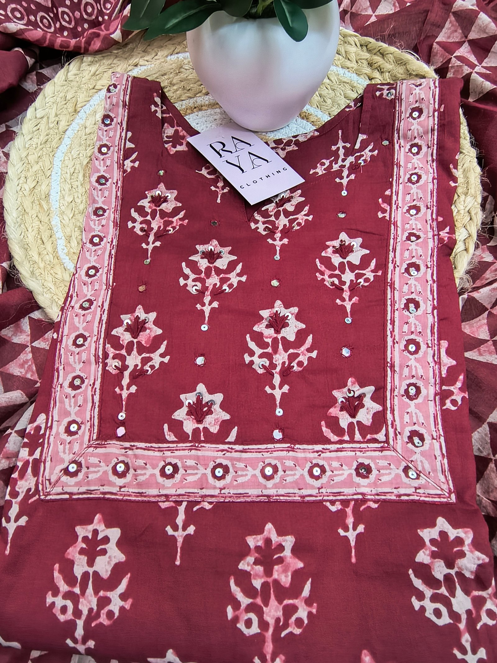 Printed Maroon Cotton Kurta Set