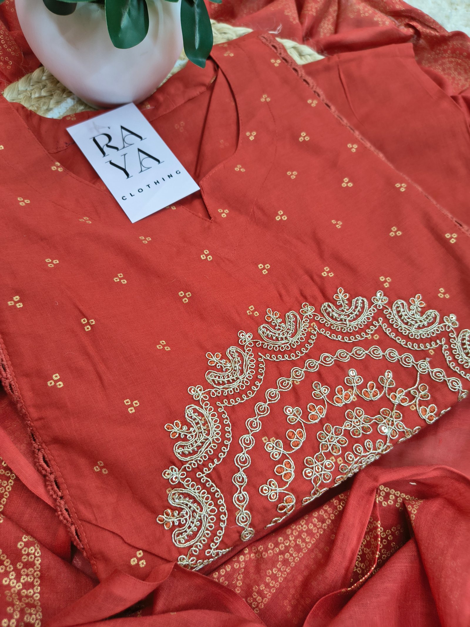 Embroidered Red Cotton Kurta Set