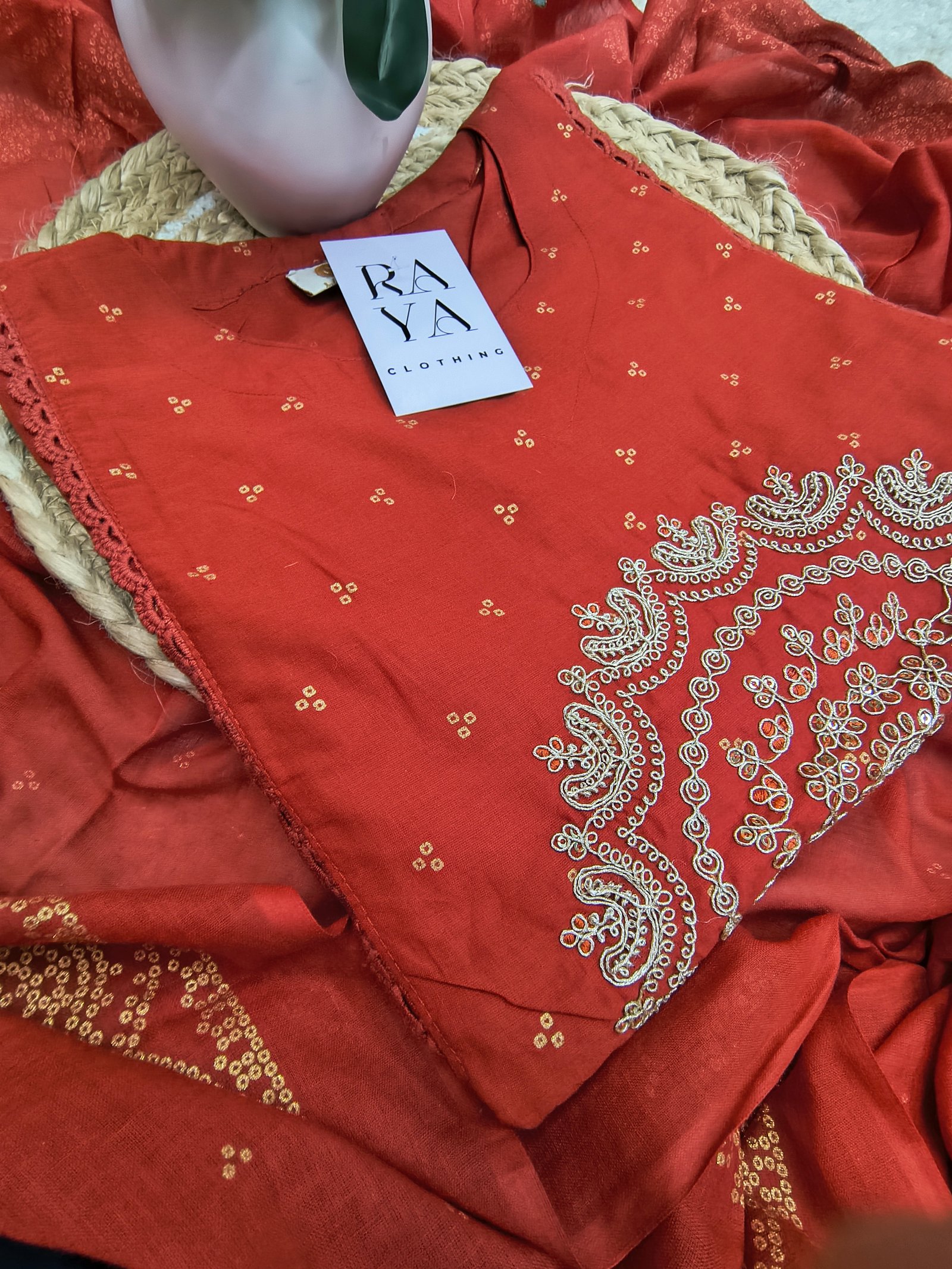 Embroidered Red Cotton Kurta Set