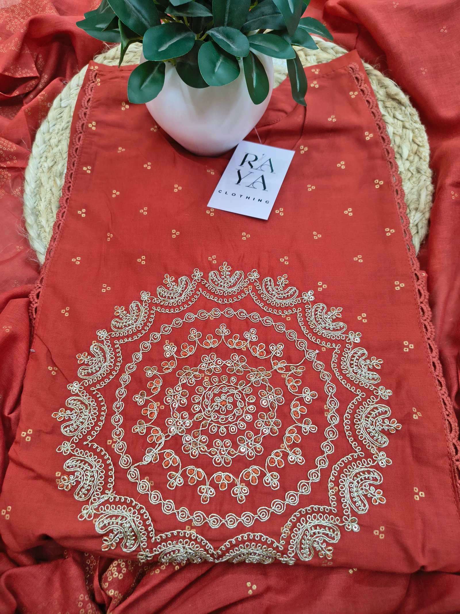 Embroidered Red Cotton Kurta Set