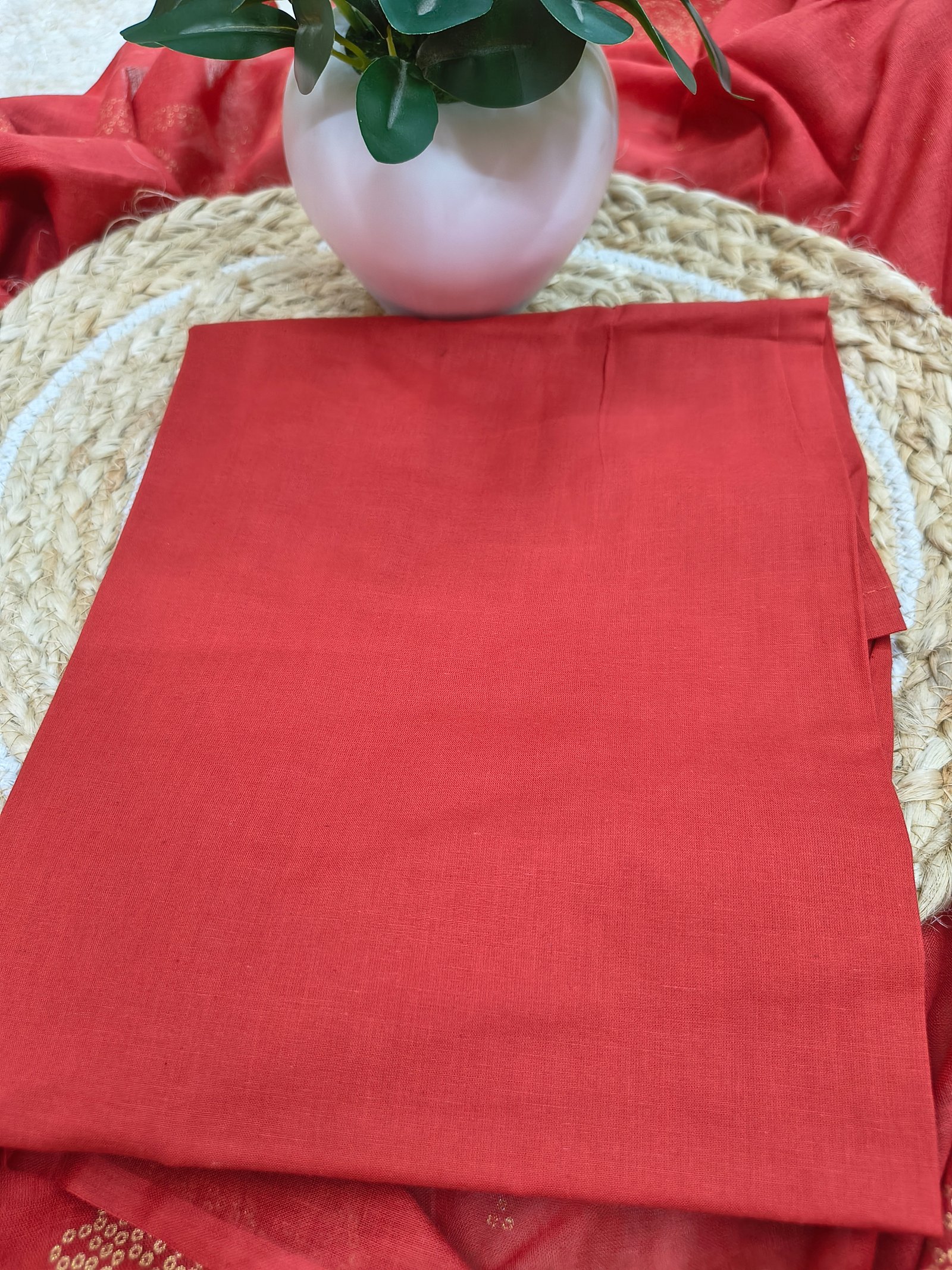 Embroidered Red Cotton Kurta Set