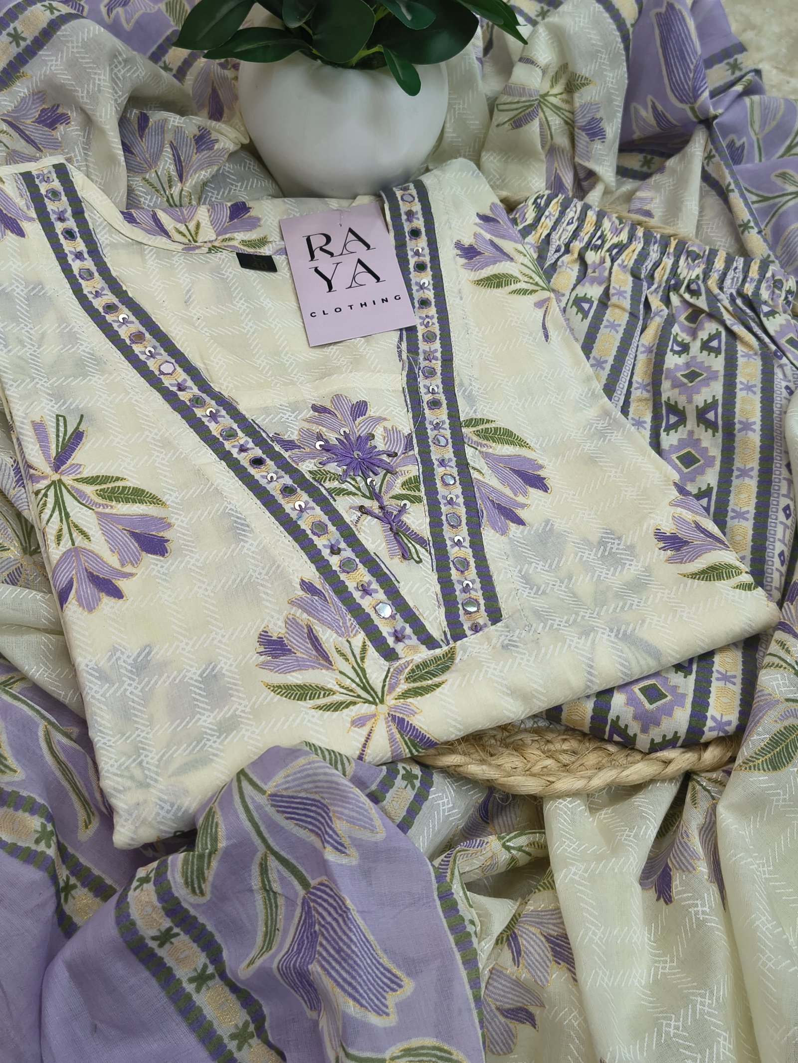 White Floral Lavender Bloom Women Kurta Set