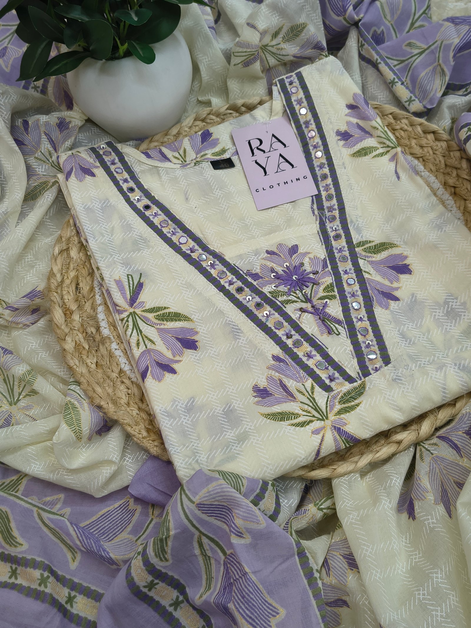 White Floral Lavender Bloom Women Kurta Set