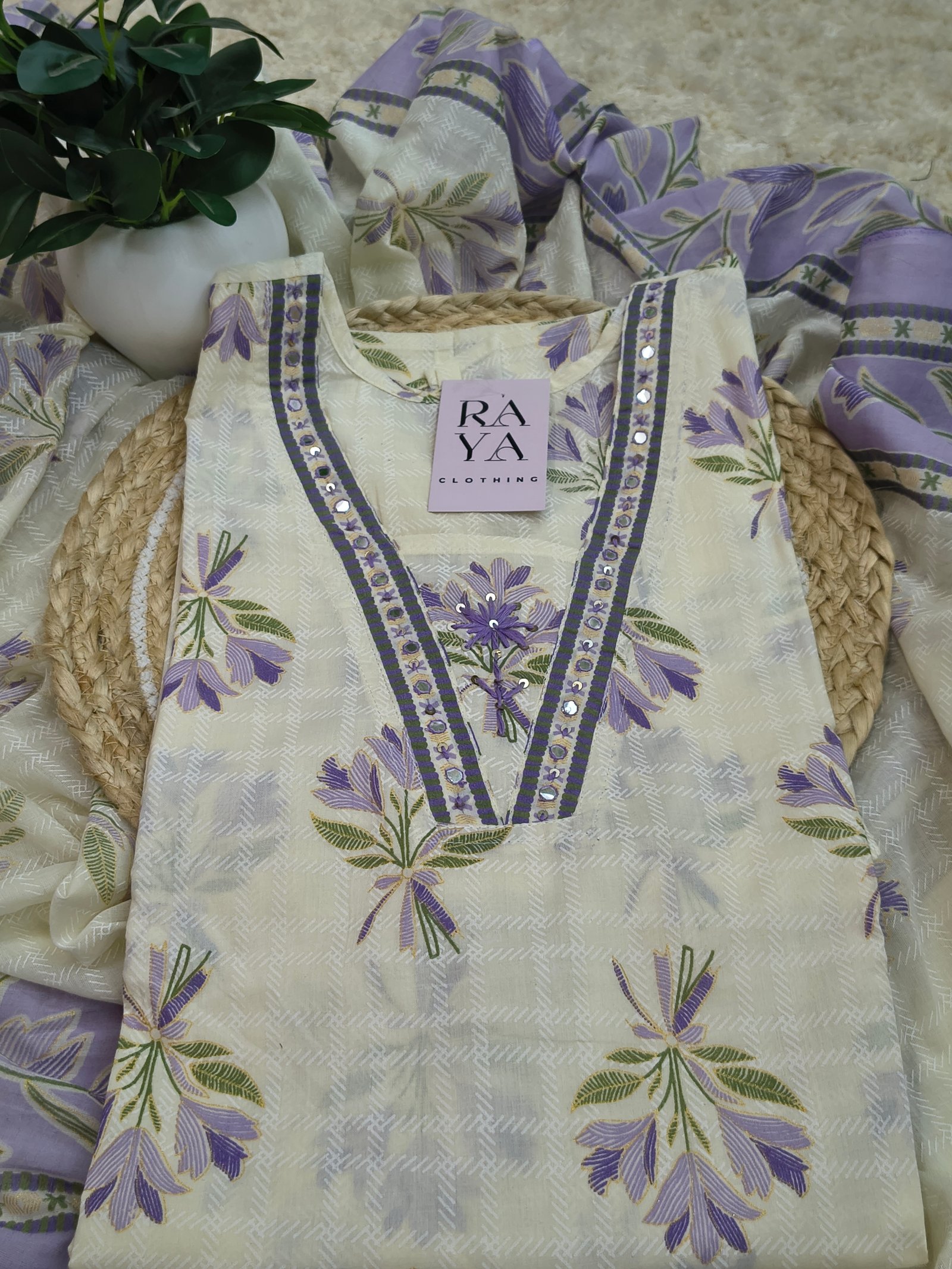 White Floral Lavender Bloom Women Kurta Set
