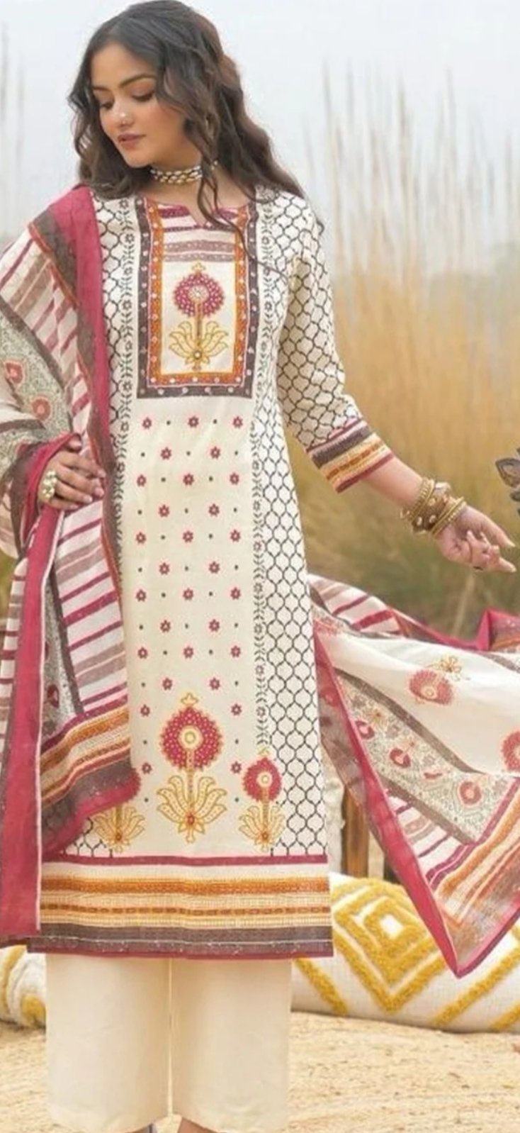 Printed Off-white & Brown Cotton Kurta Set