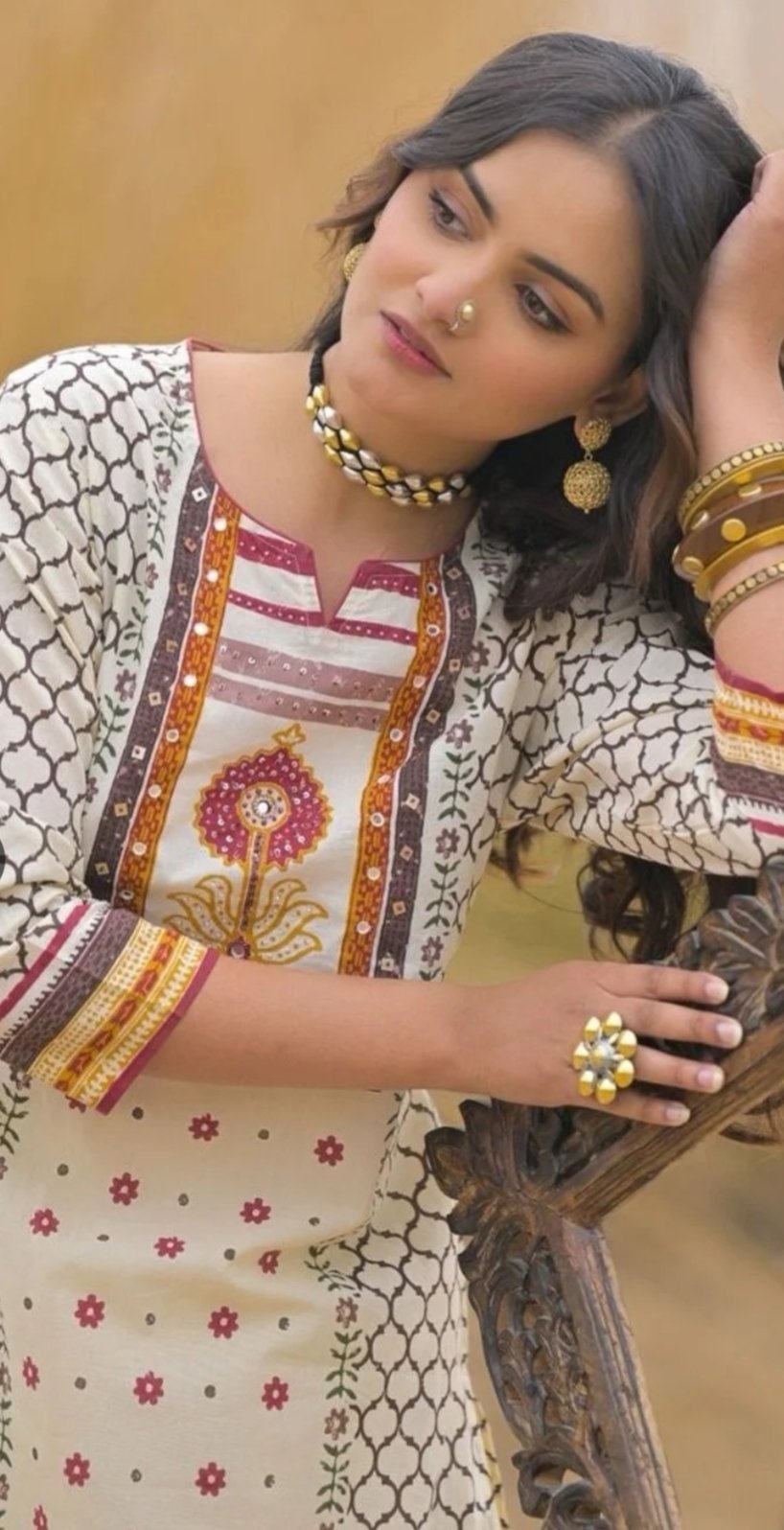 Printed Off-white & Brown Cotton Kurta Set