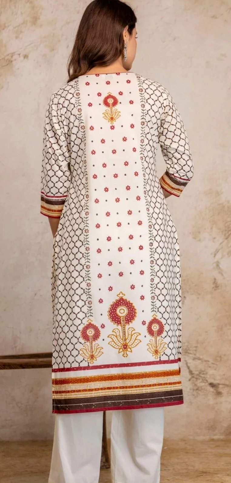 Printed Off-white & Brown Cotton Kurta Set