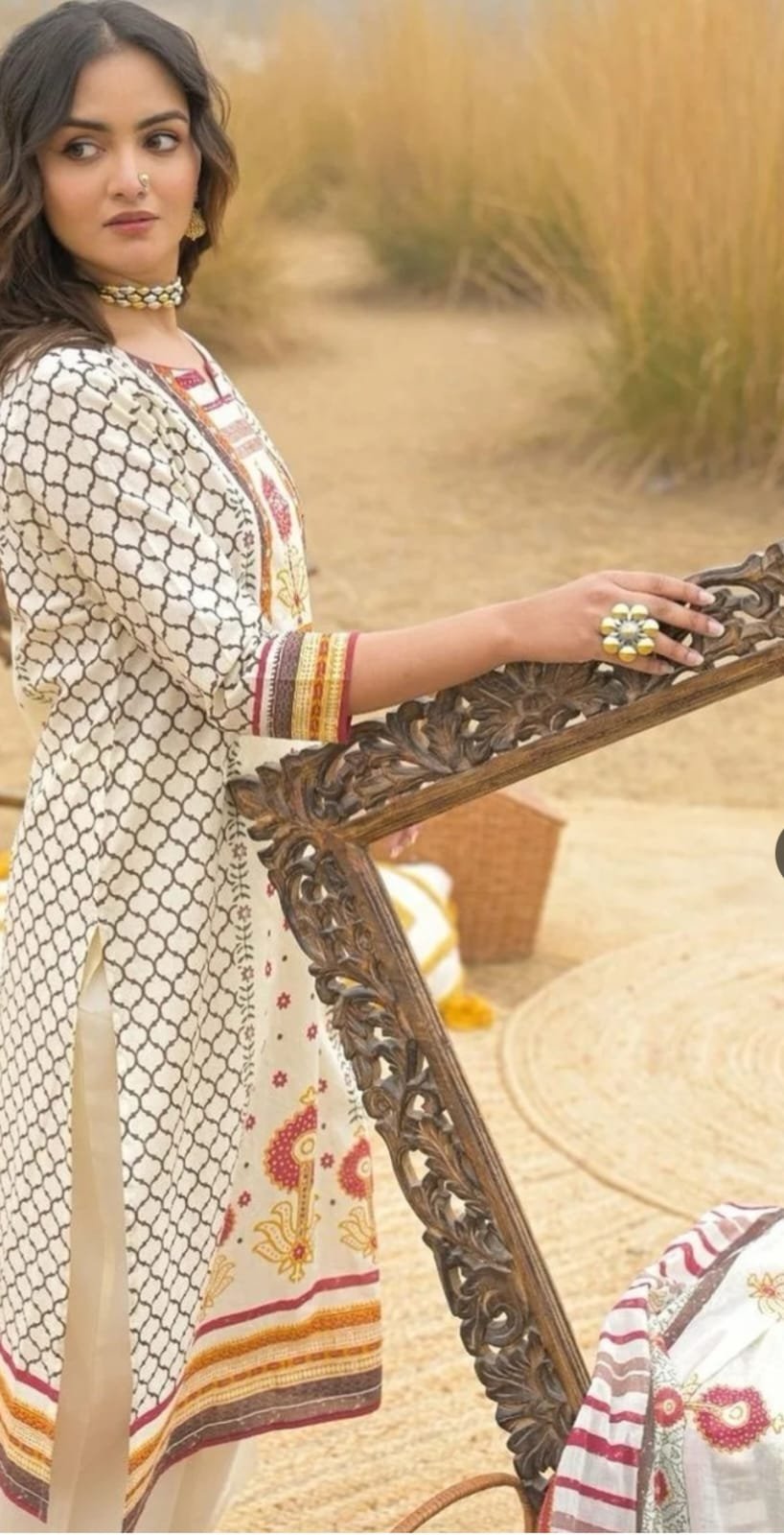 Printed Off-white & Brown Cotton Kurta Set