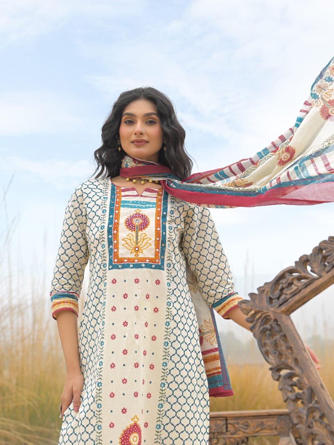 Off-white & Blue Cotton Kurta Set