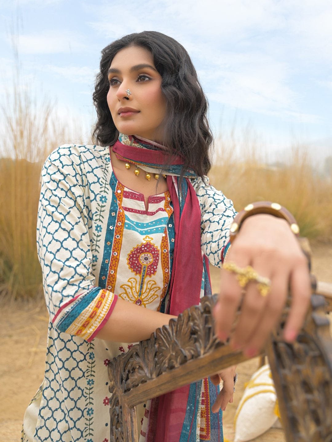 Off-white & Blue Cotton Kurta Set