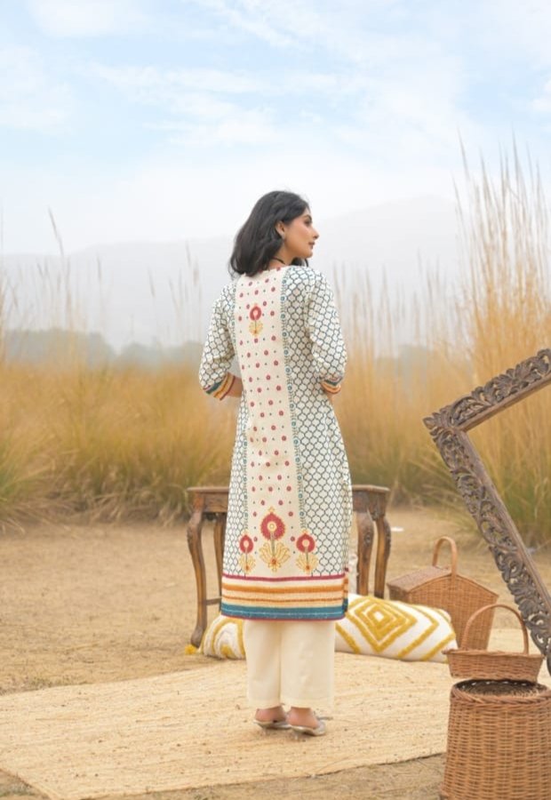 Off-white & Blue Cotton Kurta Set