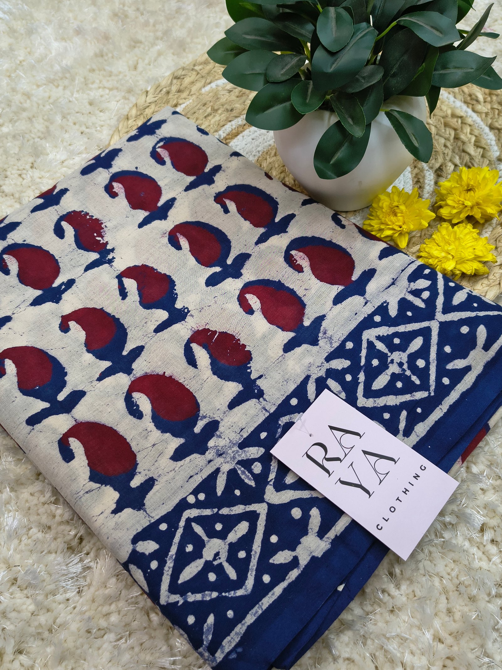 Off - White & Blue Printed Cotton Saree