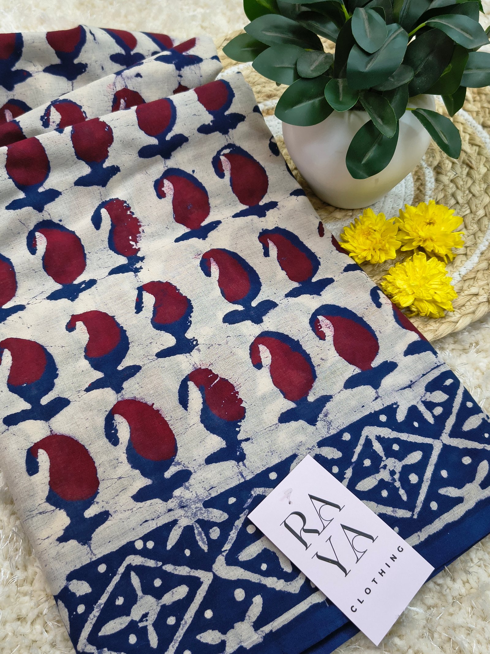 Off - White & Blue Printed Cotton Saree