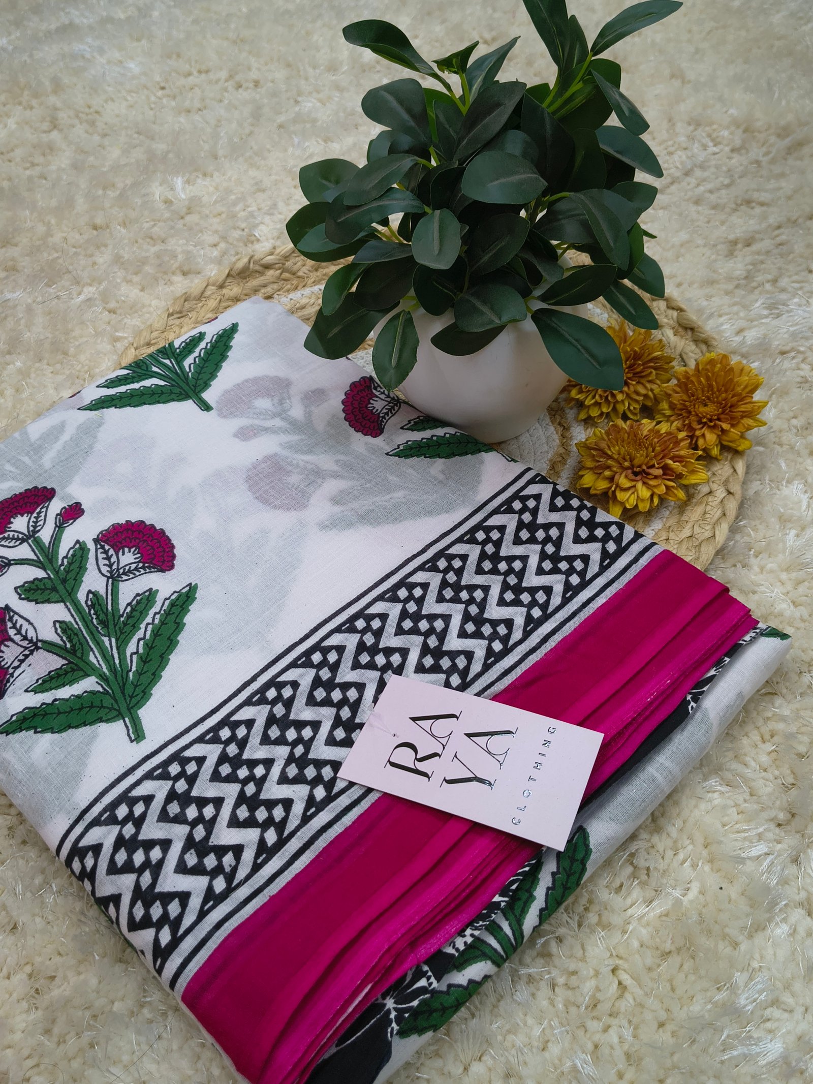 White Printed Cotton Saree