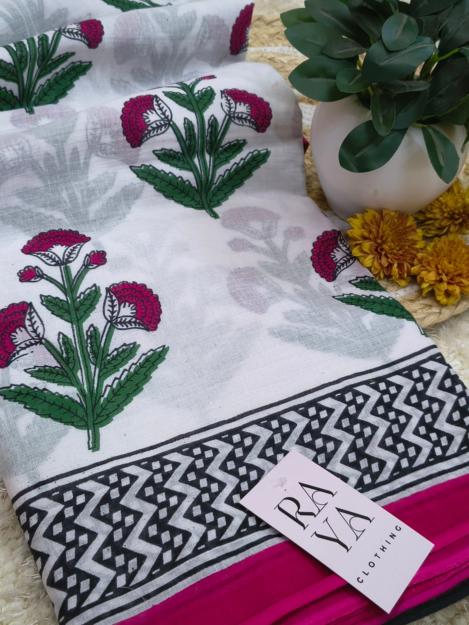 White Printed Cotton Saree