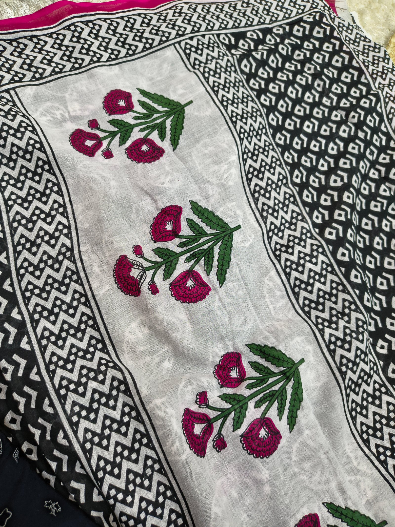 White Printed Cotton Saree