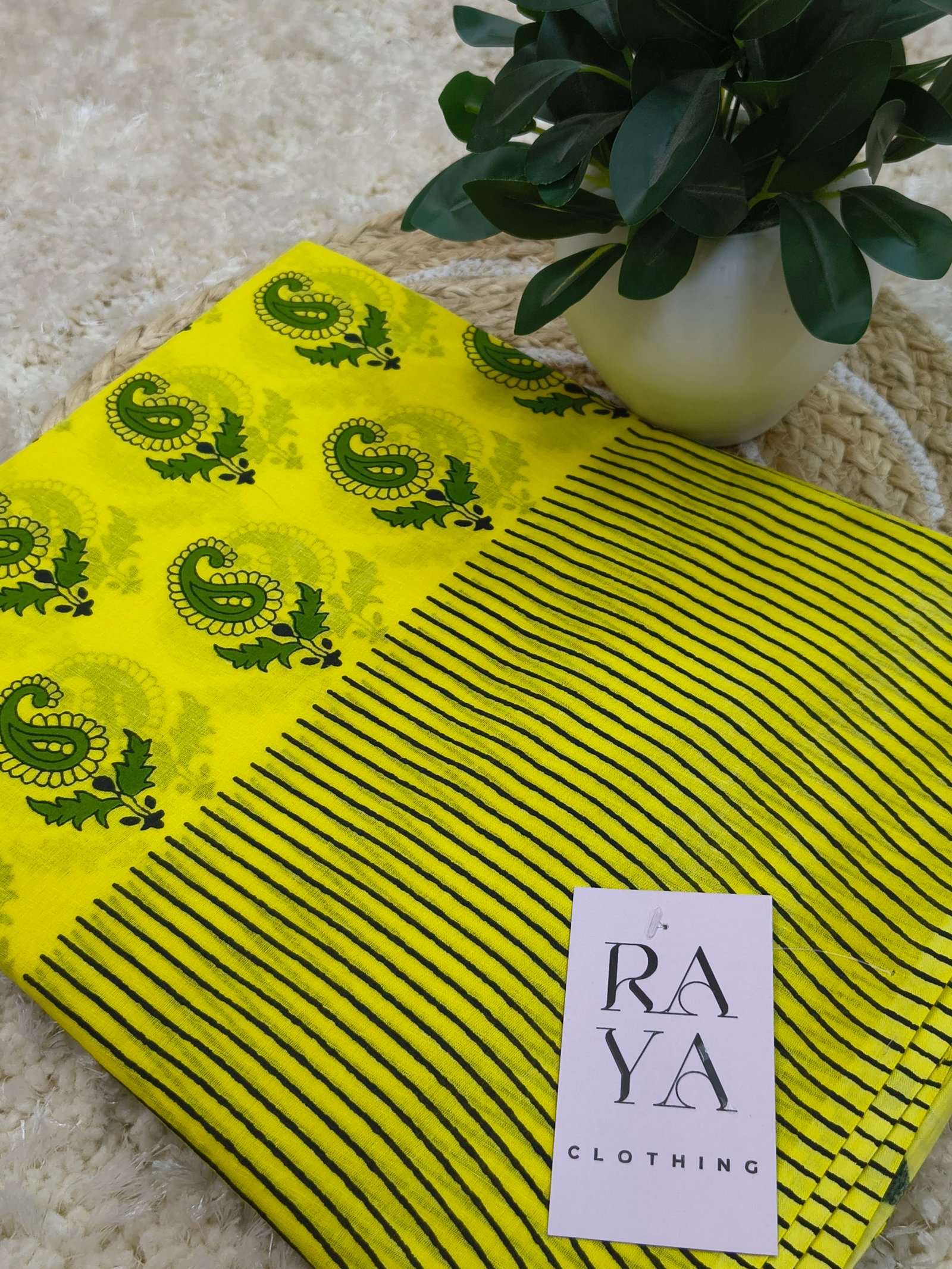 Yellow & Green Printed Cotton Saree