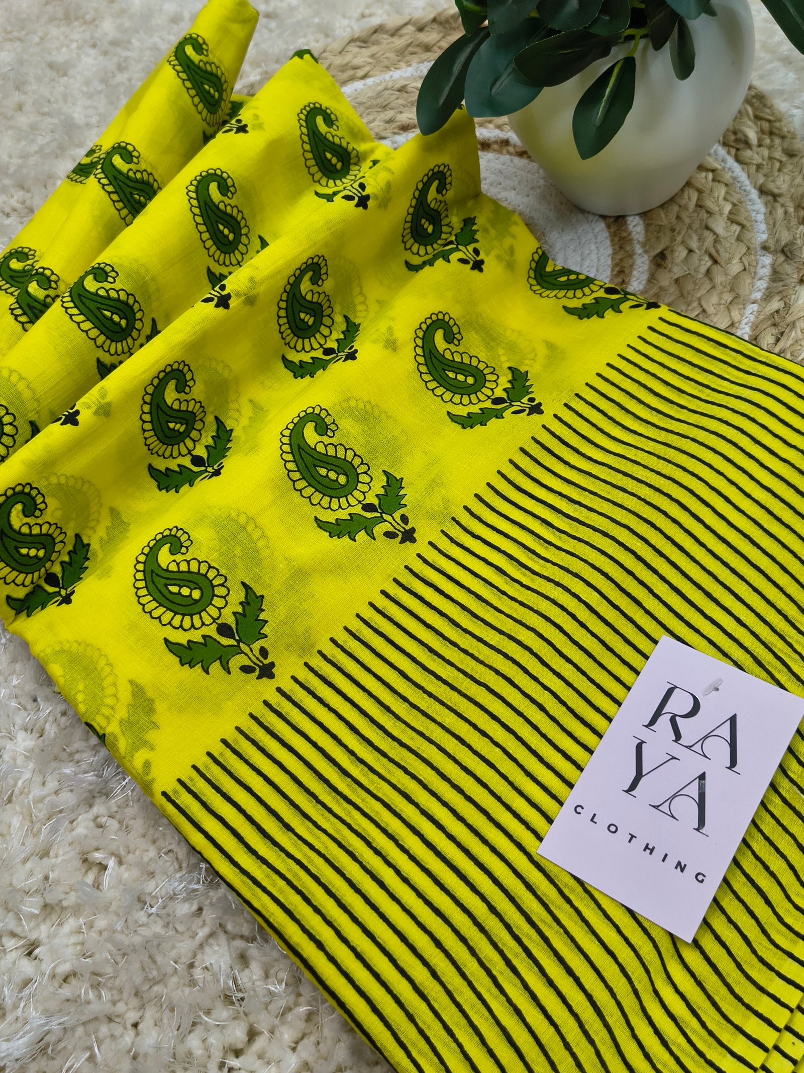 Yellow & Green Printed Cotton Saree