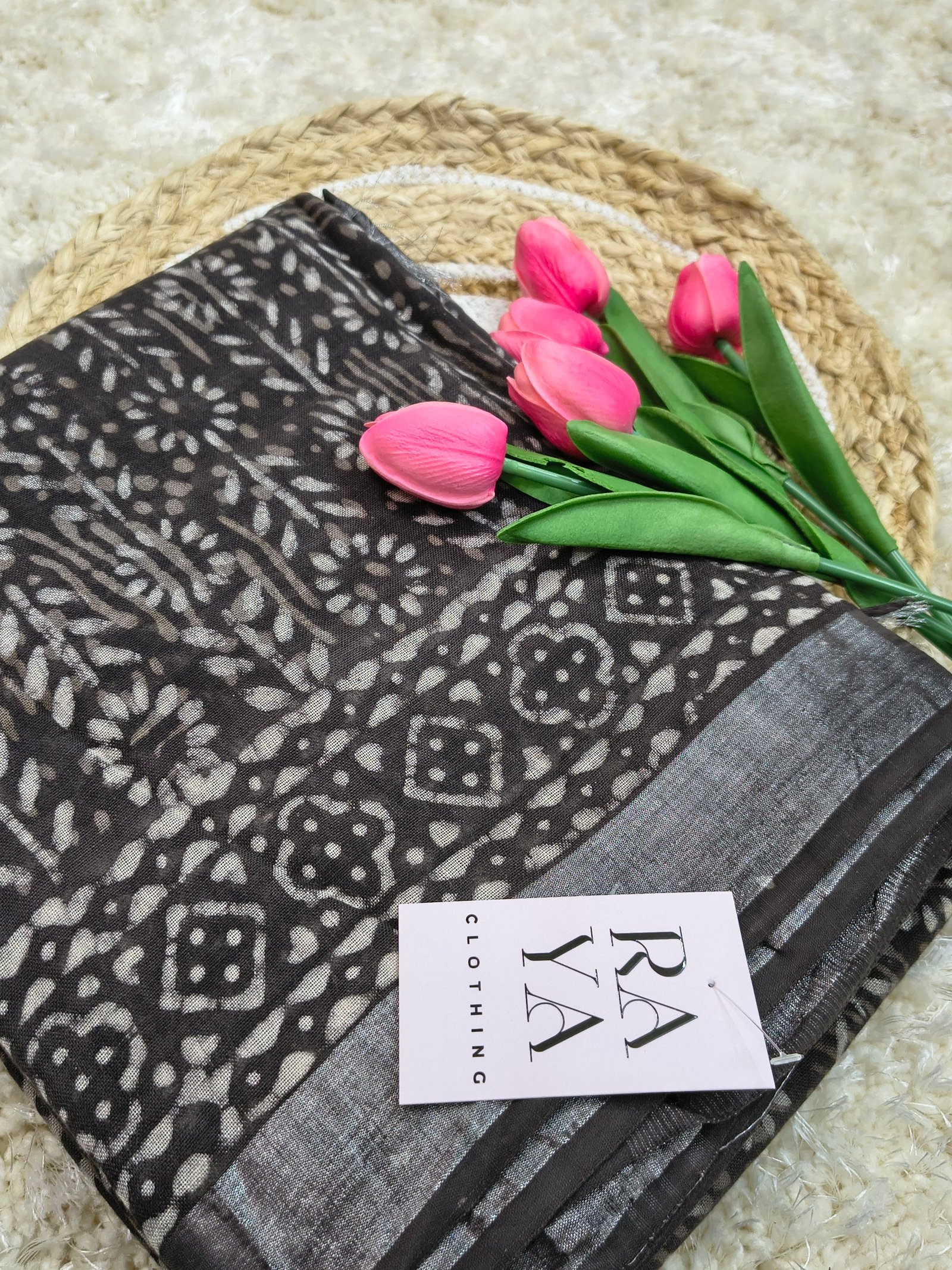 Brown Printed Linen Saree