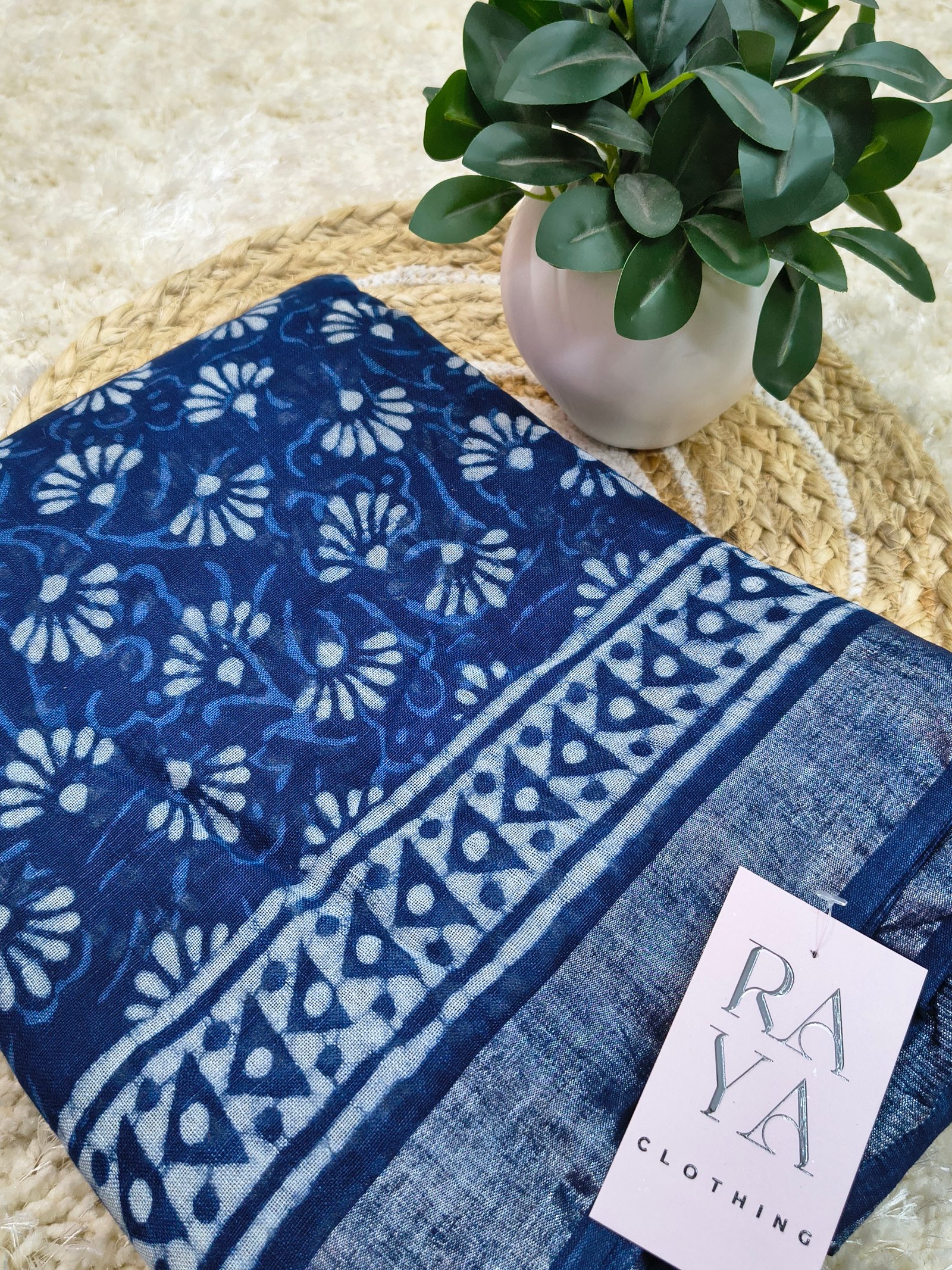 Blue Printed Linen Saree
