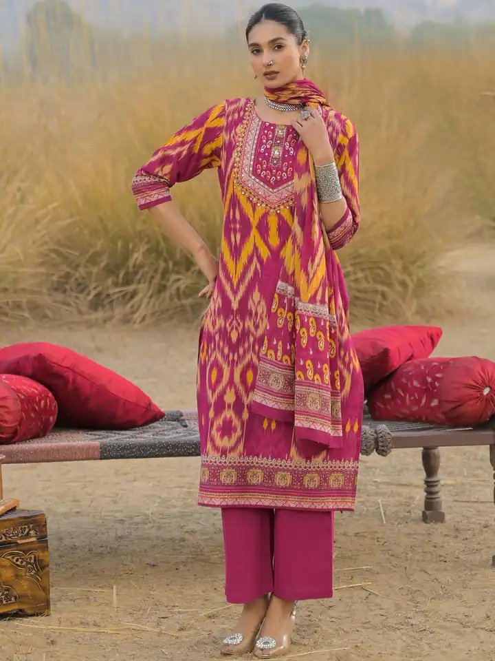 Pink and Yellow printed Cotton Kurta Set