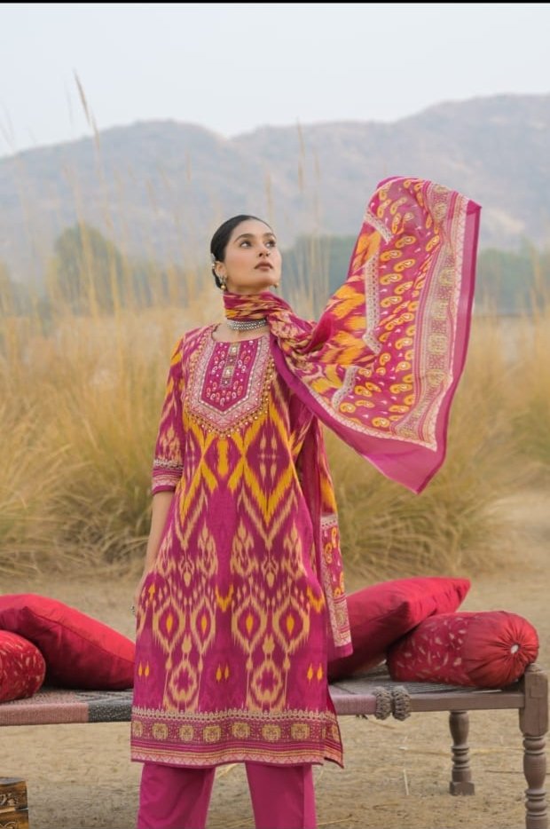 Pink and Yellow printed Cotton Kurta Set