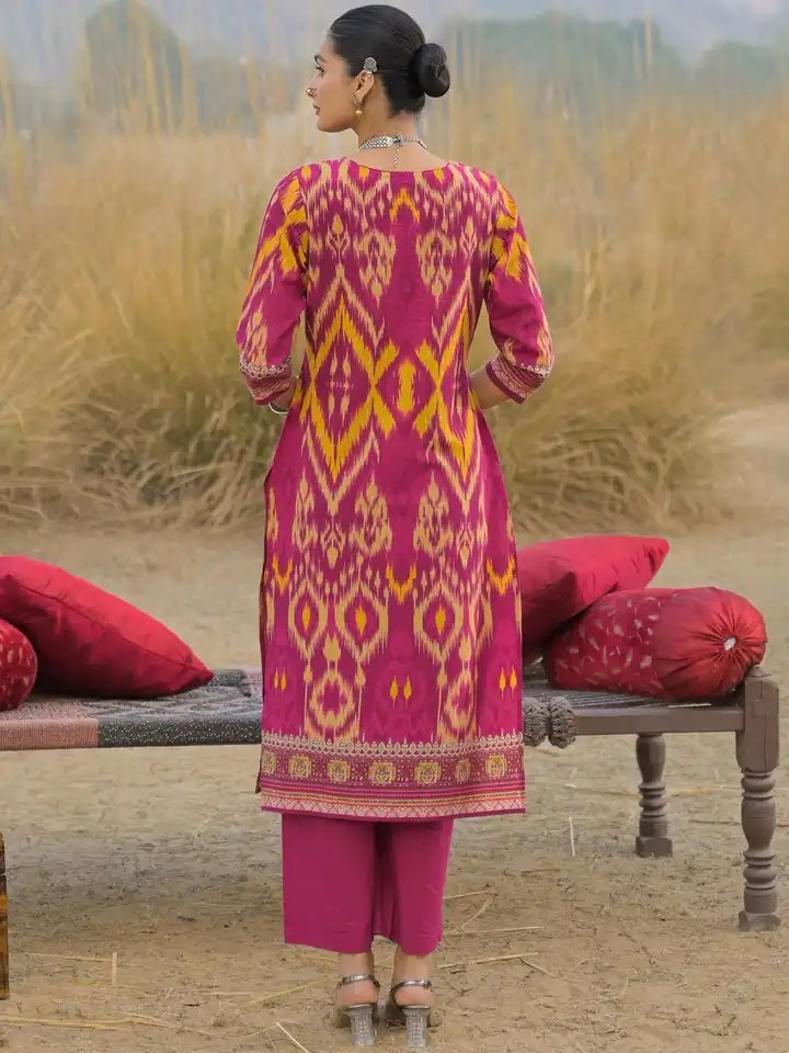 Pink and Yellow printed Cotton Kurta Set