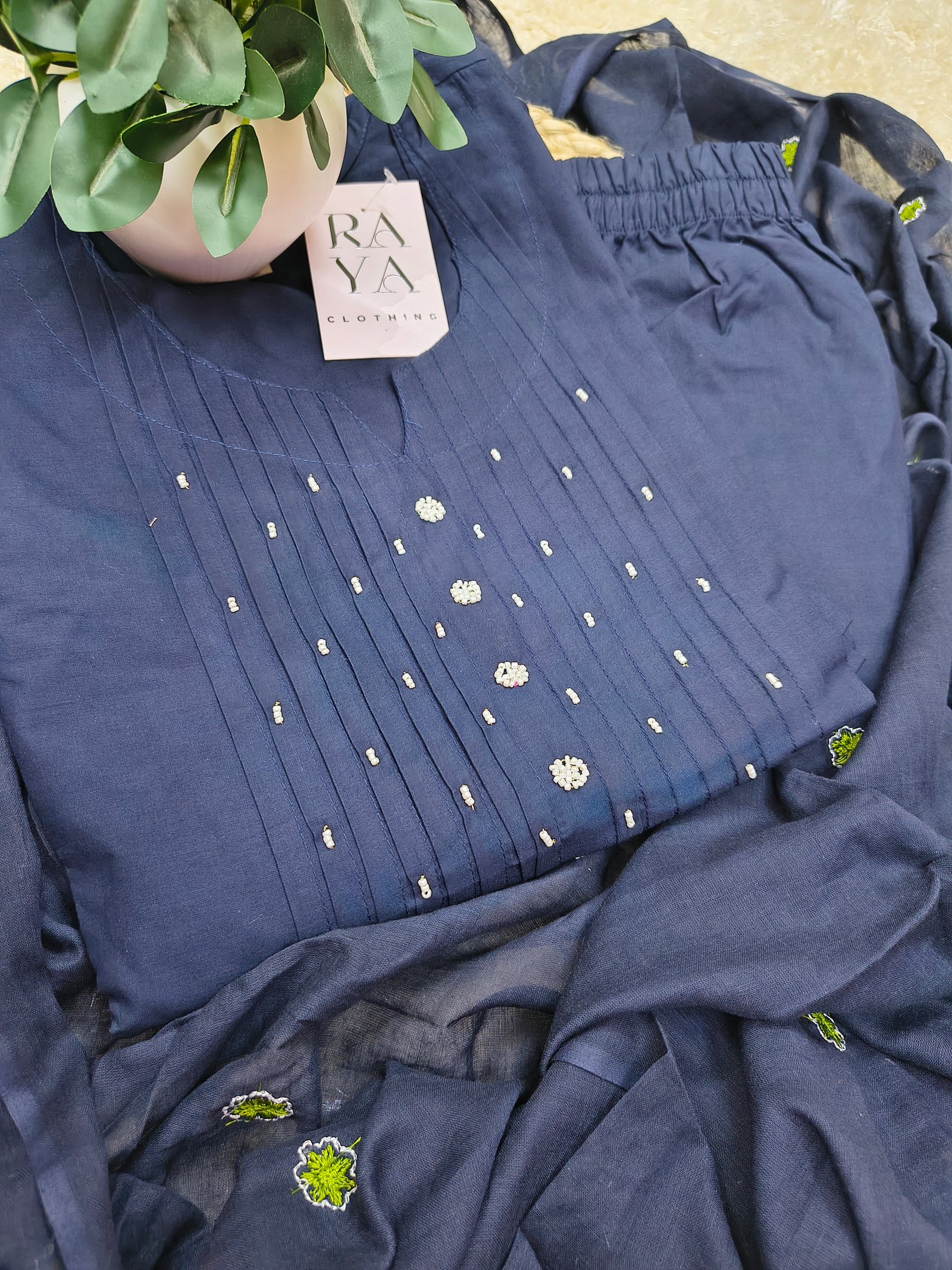 Solid Navy Blue Kurta Set with Floral Thread Work