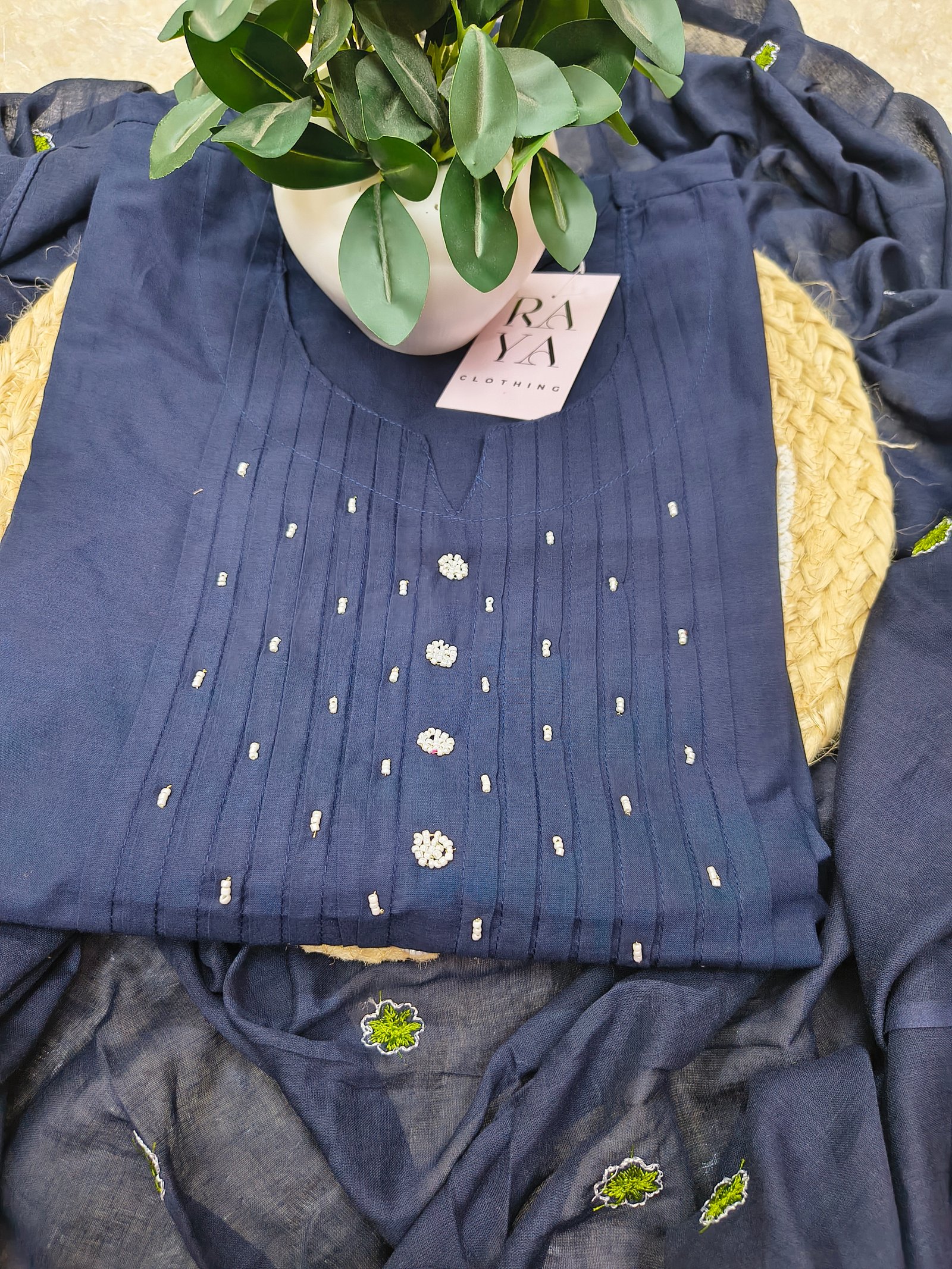 Solid Navy Blue Kurta Set with Floral Thread Work