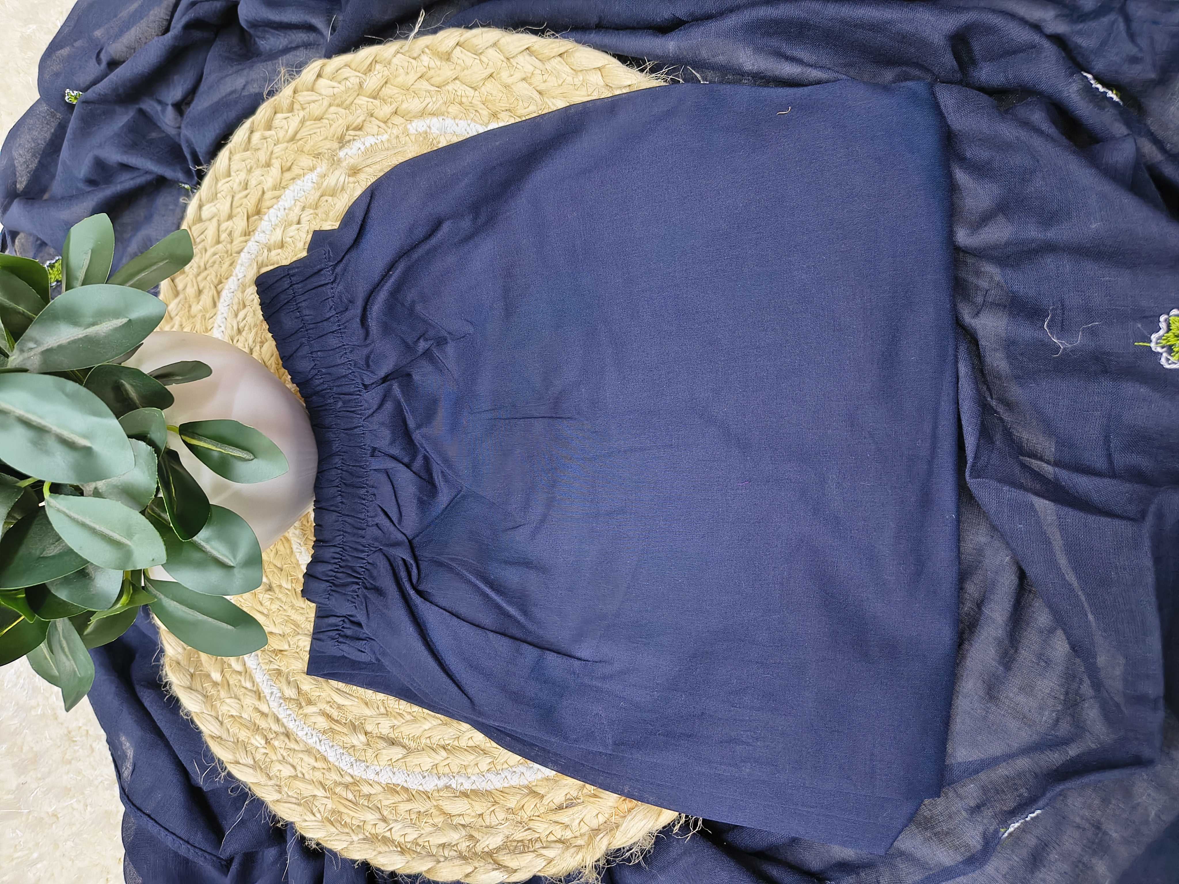Solid Navy Blue Kurta Set with Floral Thread Work