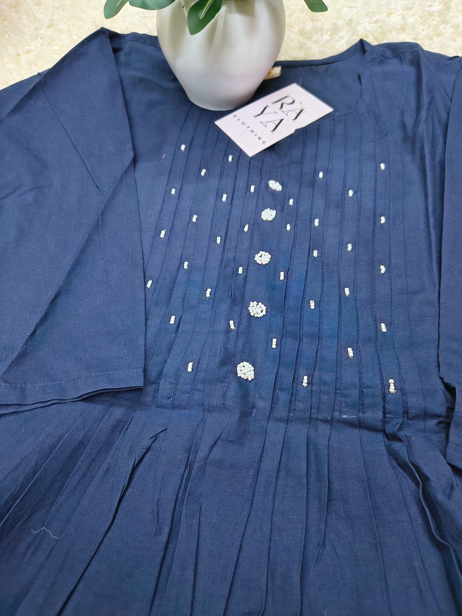Solid Navy Blue Kurta Set with Floral Thread Work