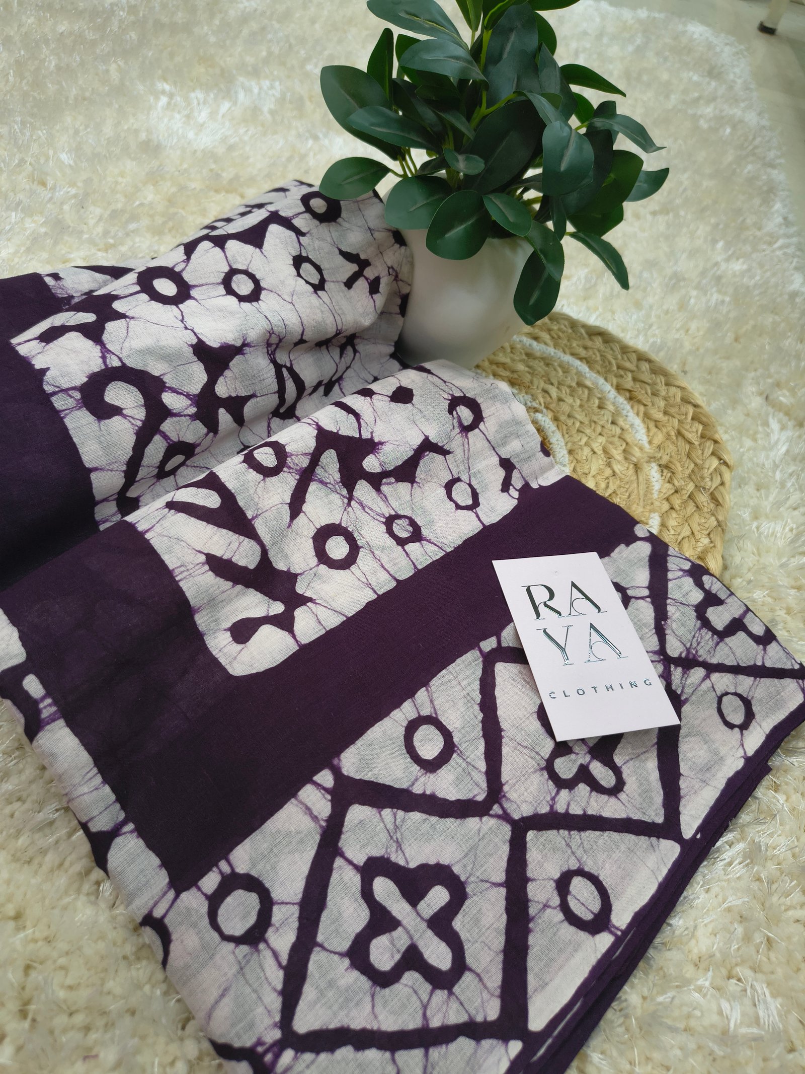 Brown and White Batik Cotton Saree