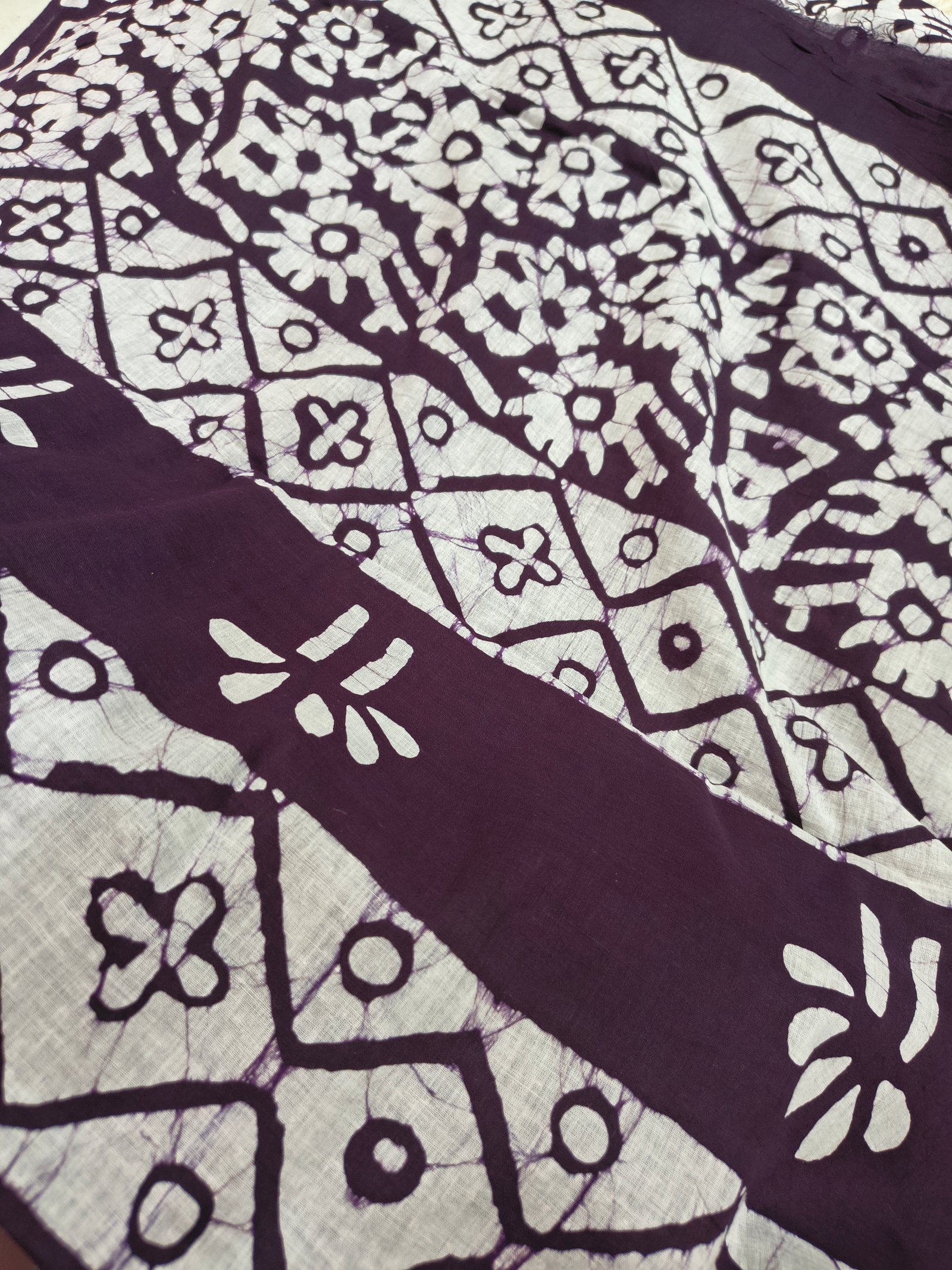 Brown and White Batik Cotton Saree