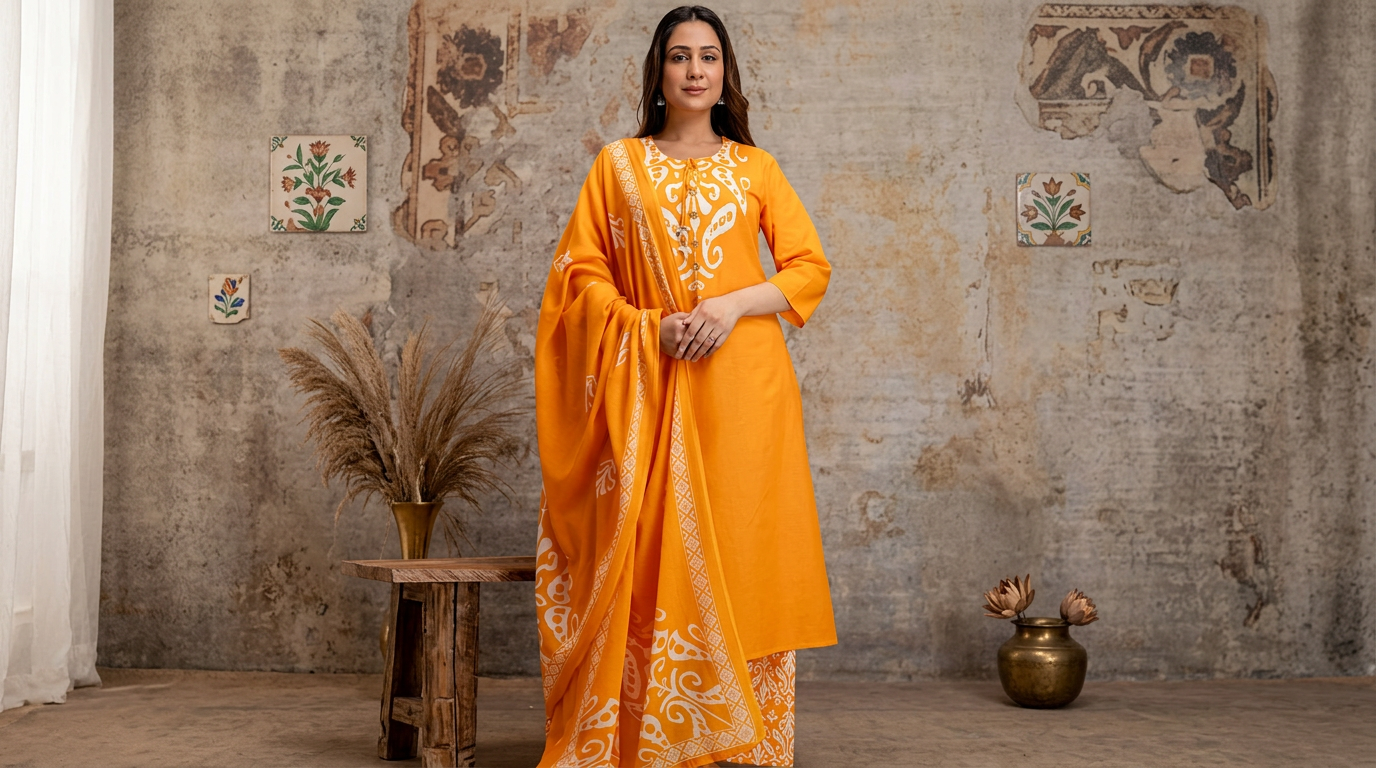 Orange & White Printed Women Kurta Set