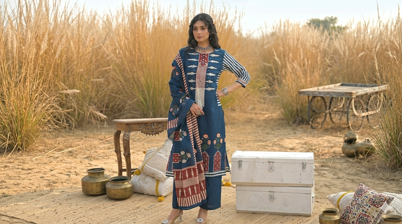 Navy Blue Cotton Kurta Set