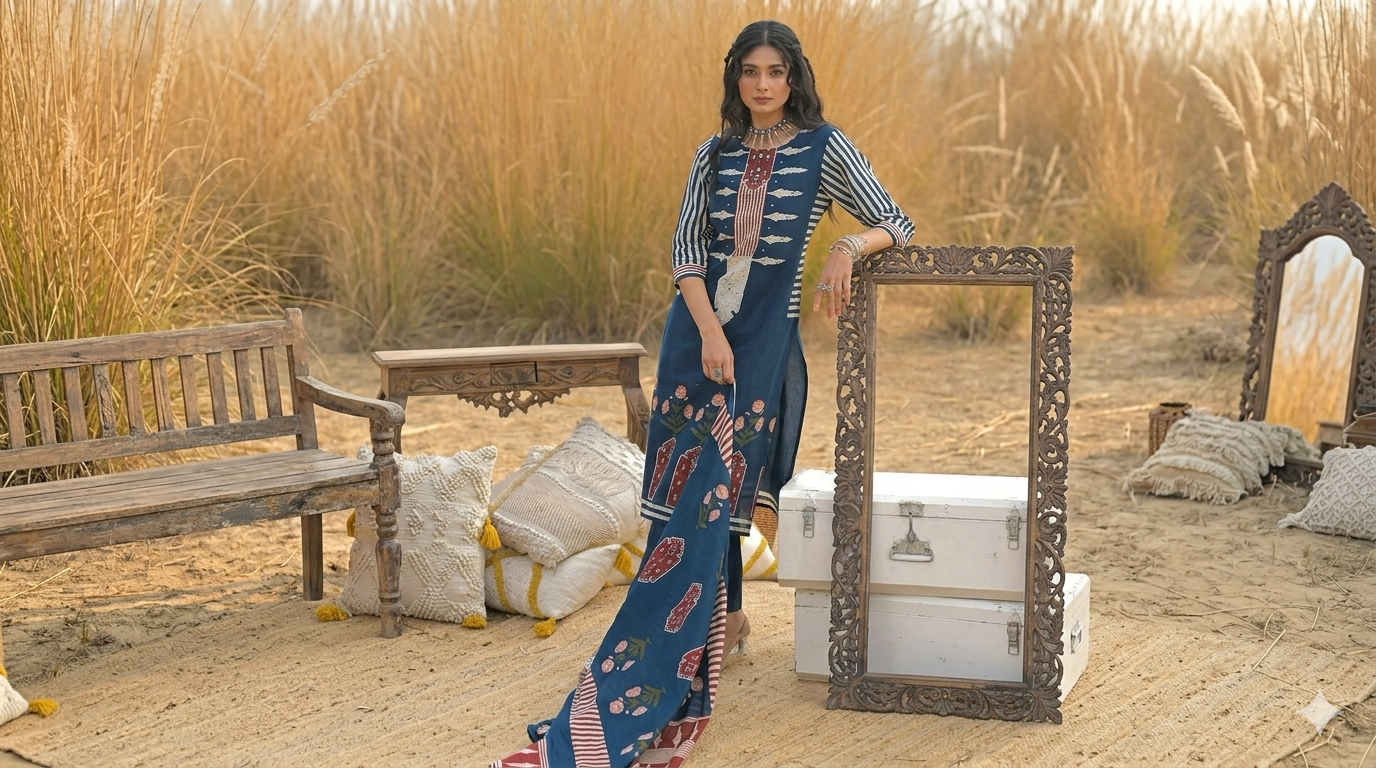 Navy Blue Cotton Kurta Set