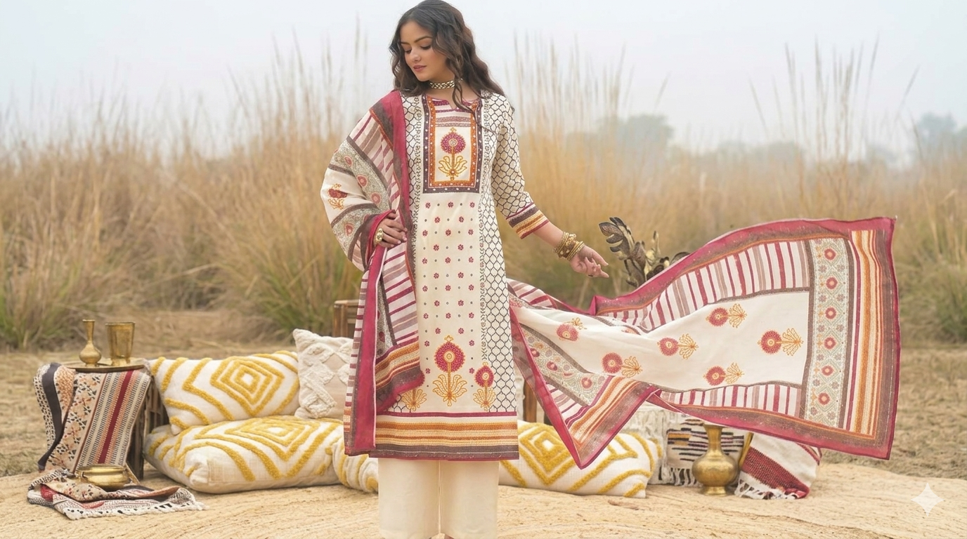 Printed Off-white & Brown Cotton Kurta Set